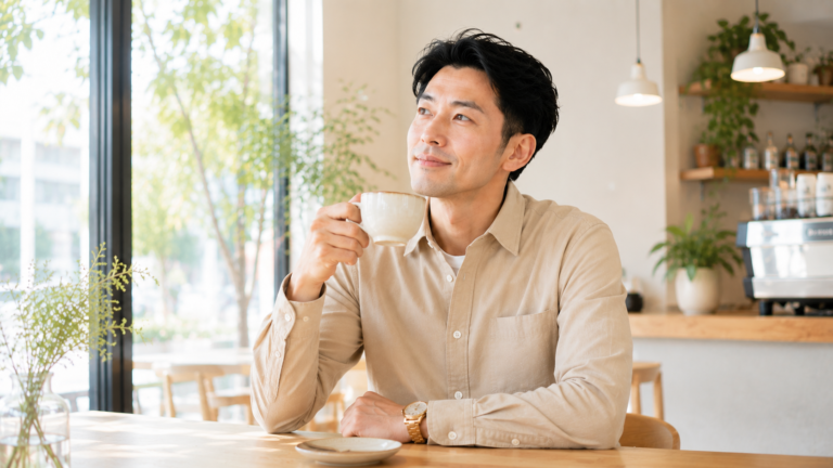 カフェで穏やかに過ごす男性