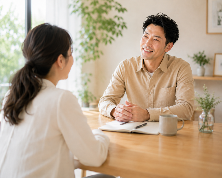テーブルを挟んで穏やかに話す様子