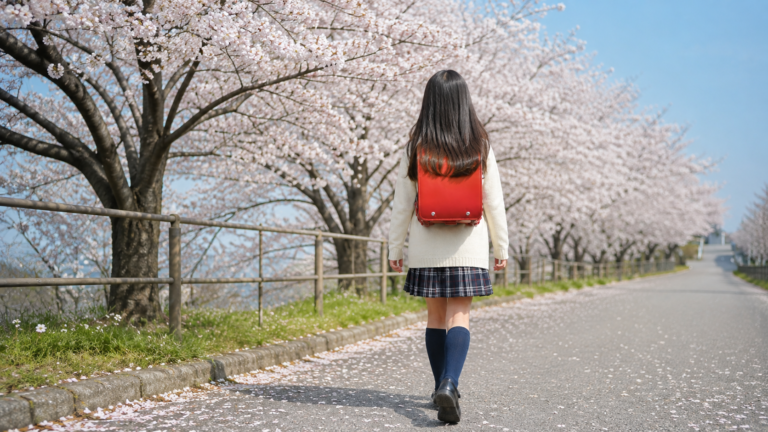 桜並木を歩く子ども