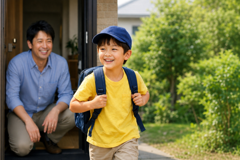 家を出る子どもと見送る父親
